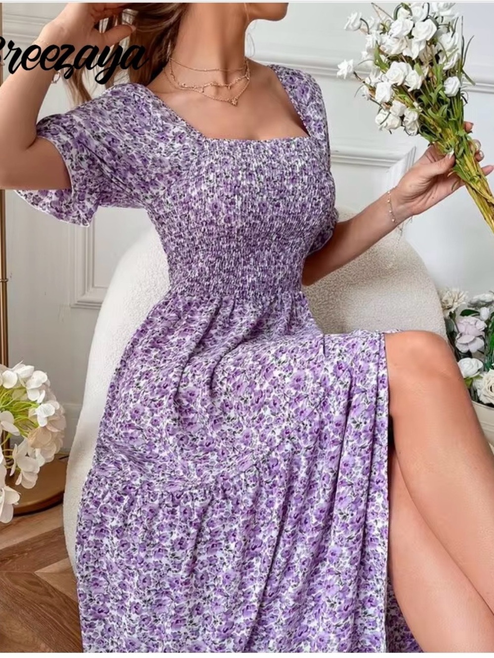 SHEIN Lavender Floral Smocked Maxi Dress